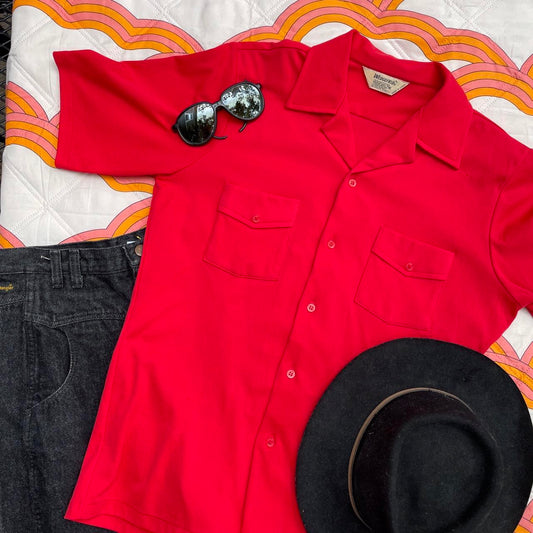 Red Polyester 1970’s Men’s Button Up Short Sleeve Shirt